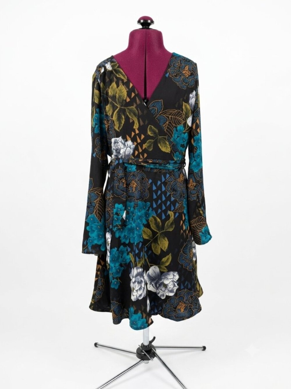 Everly Black V-Neck Wrap Dress with Turquise and Gold Floral Pattern - Size M